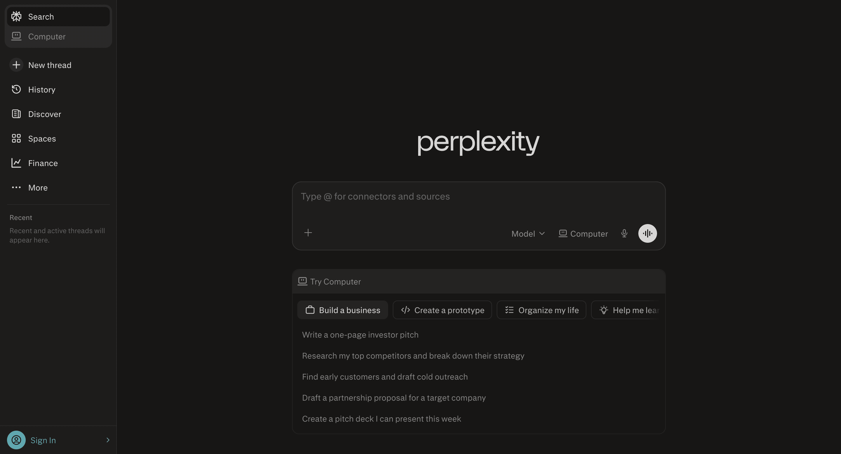 Perplexity landing page web